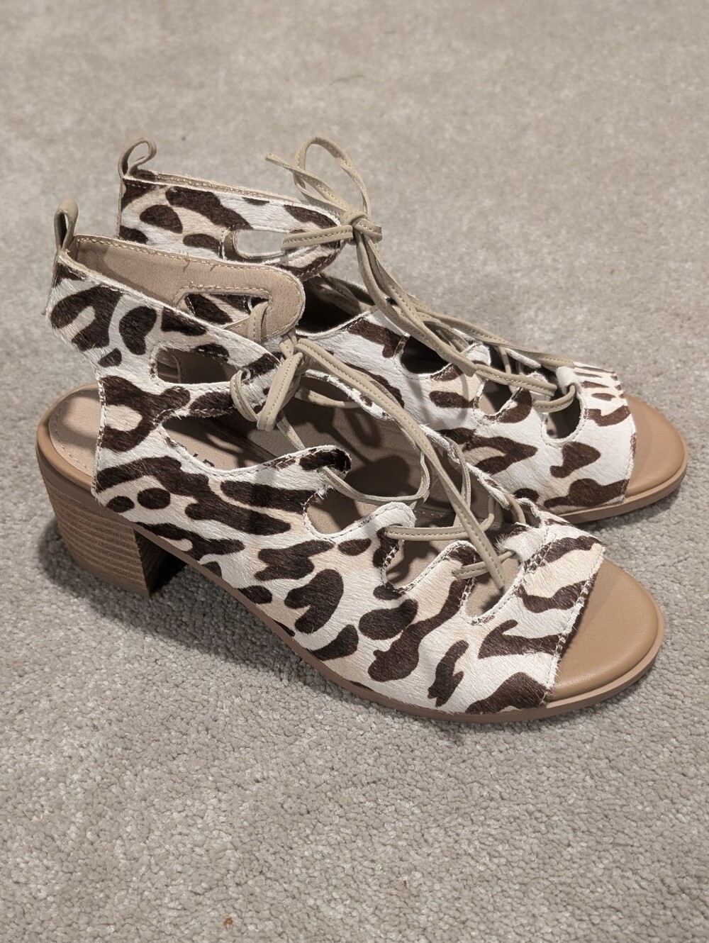 Torrid Brown and White Animal Print Calf Hair Lace-Up Open Toe Sandals